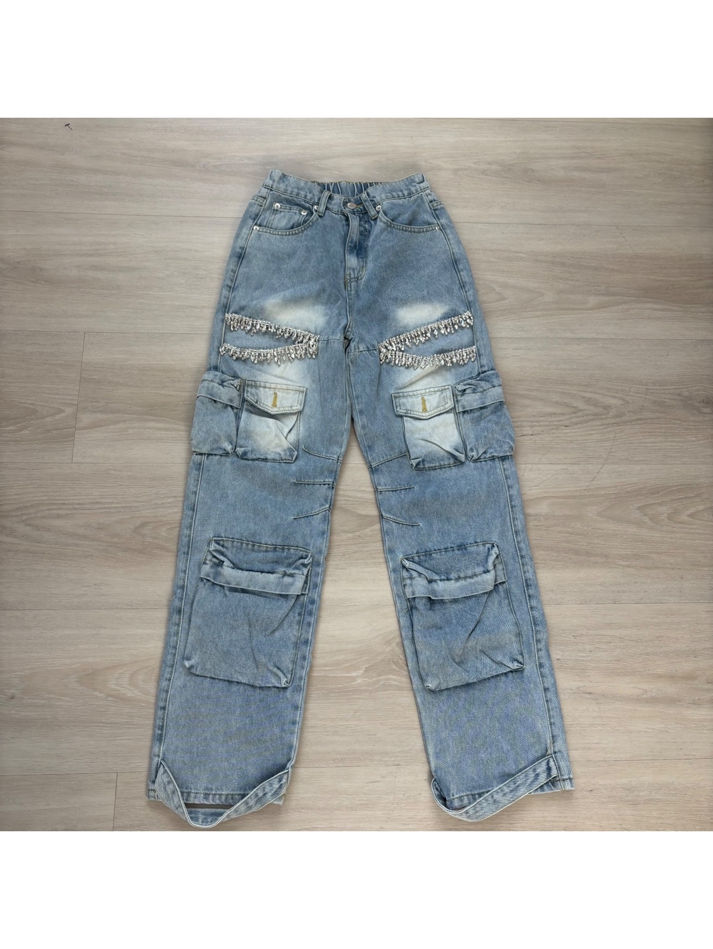 Y2K Rhinestone Cargo Jeans Womens S Baggy Wide Leg Light Wash Multi Pocket